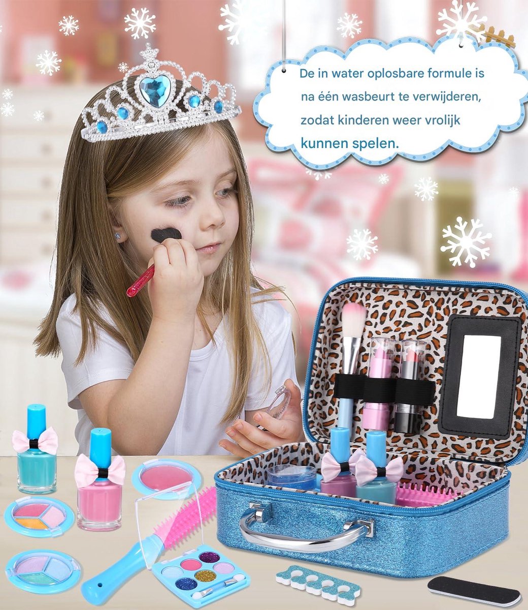 Kinder Make-up Set 32-delig - Grote Opbergkoffer met Kroon - Wateroplosbare & Wasbare Schmink voor Meisjes 4-12 Jaar - Veilig Verkleedspel - Prinsessen Make-up Kist voor Verjaardag & Kerstcadeau — afbeelding 3