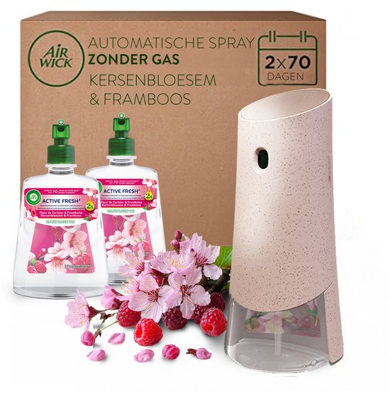 Air Wick automatische spray Kersenbloesem & Framboos met 2 navullingen en dispenser, 2x 70 dagen.