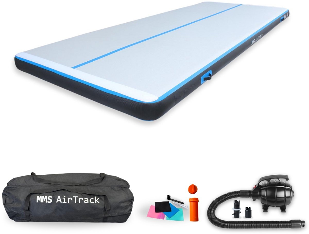 MMS AirTrack Advanced Turnmat – 400x150x15 cm – Extra Brede Opblaasbare Gymmat – Incl. Elektrische Pomp en Draagtas – Blauw