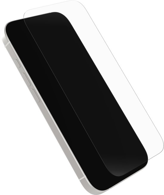 Een glazen screenprotector die half op een witte iPhone ligt.