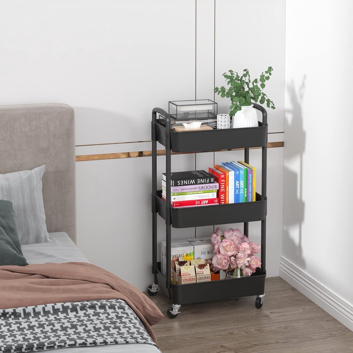 Multifunctionele 3-laags Keukentrolley met Handvat - Zwart - Handvat Wielen, Opbergtrolley voor Keuken, - Medahomestore
