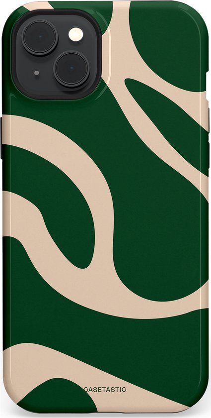Groen telefoonhoesje met beige abstracte golven. De tekst 'CASETIASTIC' is onderaan zichtbaar.