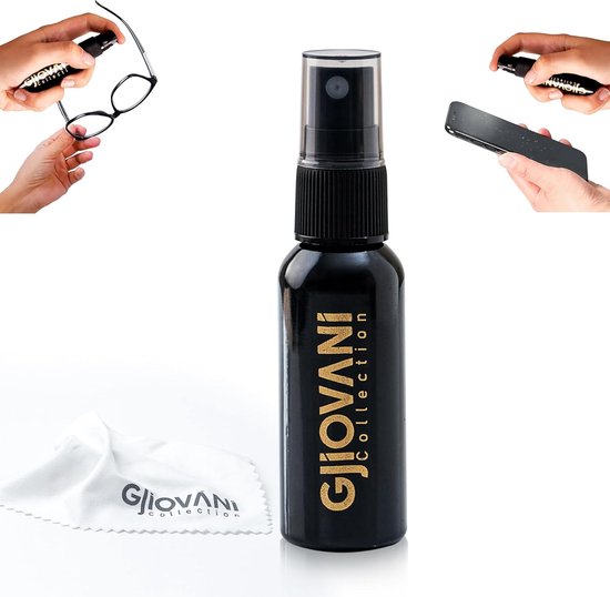 Gjiovani brillenreiniger spray met microvezeldoekje. Reinigt brillen, brillen en telefoons.