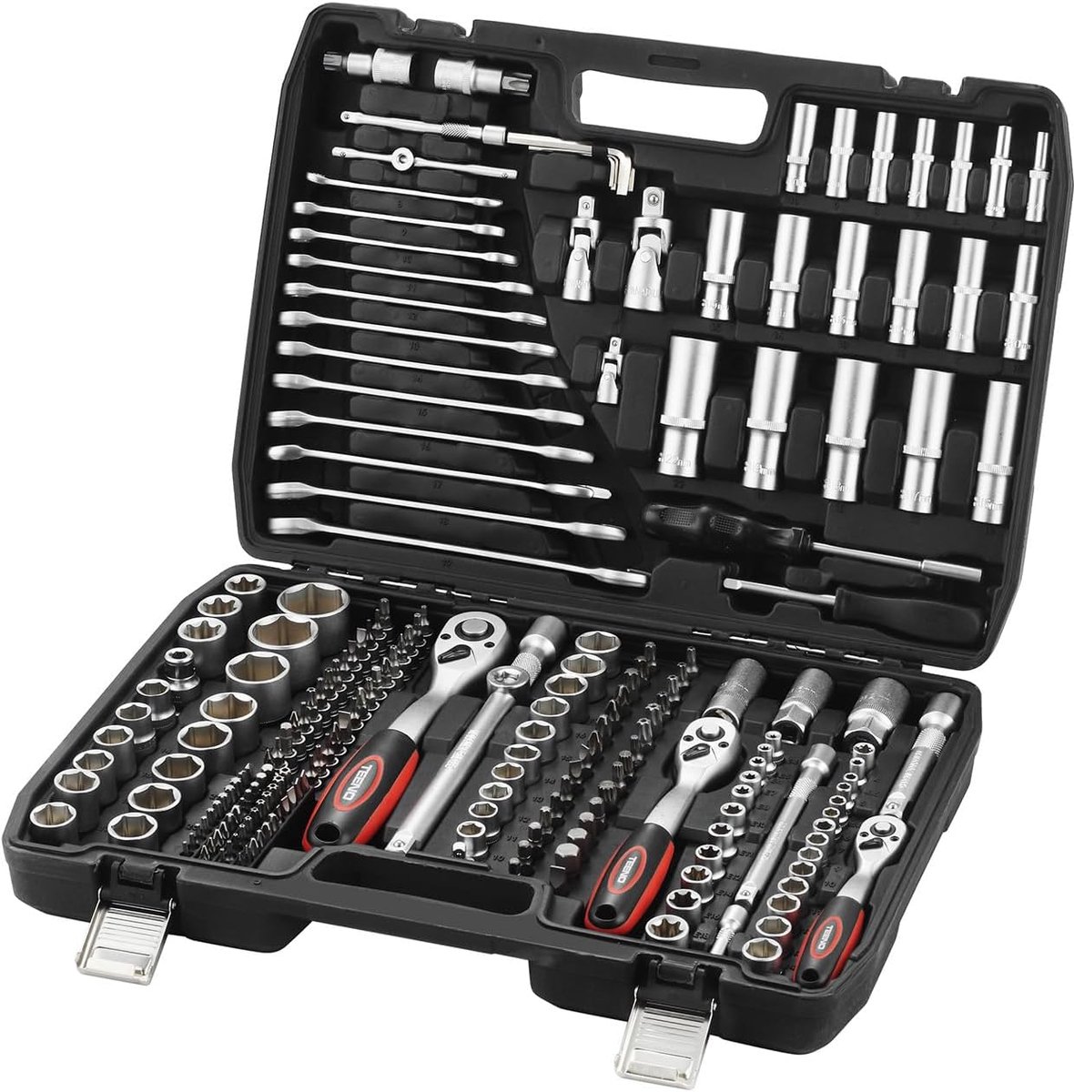 Steeksleutelset 216-delig, ratelkoffer, gereedschapskoffer, 1/4", 3/8", 1/2", Cr-V-steeksleutelset met ratelsleutel, gereedschapsset, ratelkast voor werkzaamheden aan fietsen en auto's