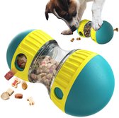 Groene en gele hondenspeeltje met transparante cilinder, gevuld met brokken. Een hond duwt het speeltje, wat voedsel afgeeft.