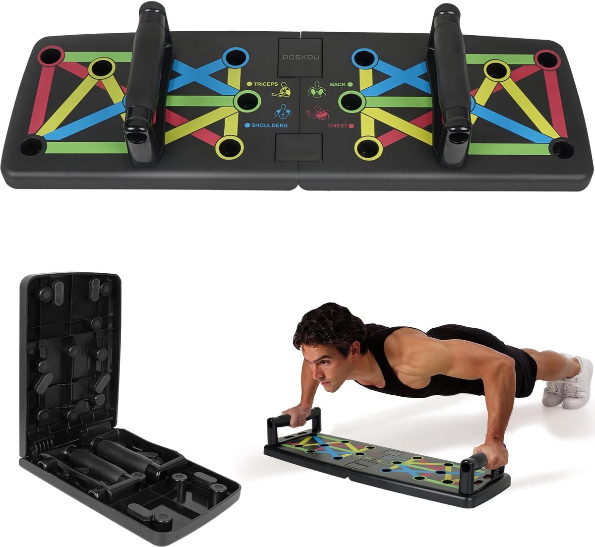 Push Up Board - Trainingsrek Opdrukken - Thuisfitness Bovenlichaam - Kleurgecodeerd Systeem - 60 x 18 cm - Veelkleurig