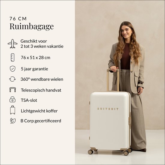 SUITSUIT Reiskoffer 76x51x28 - Reiskoffer met wielen - Veilig TSA cijferslot - Lichtgewicht koffer - Reiskoffer groot - 94L - Fusion koffer White Sawn - Wit