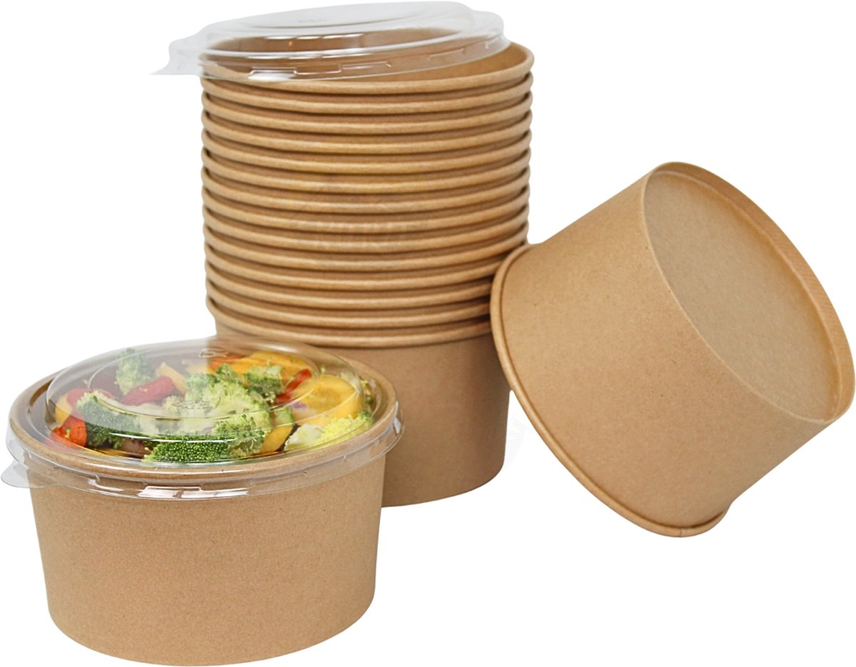 KURTT Kraft meal prep bakjes met deksel 1000ml (25 stuks) salade lunchbox magnetronbestendig, vershoudbakjes luchtdicht, ook handig als saladebakje