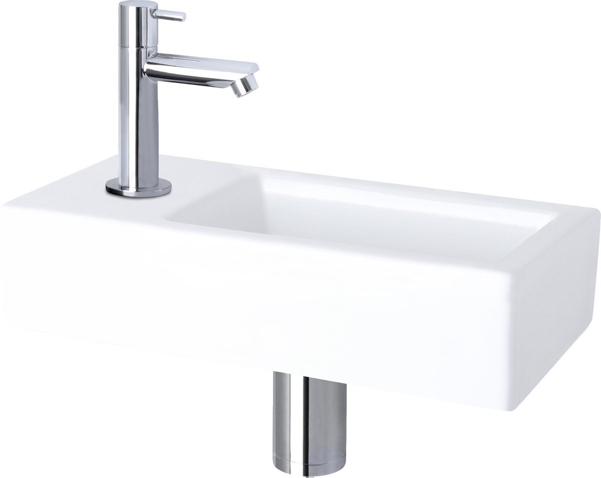 Differnz Helios fonteinset - keramiek wit - koudwaterkraan recht chroom - kraan links - always open afvoerplug - 37.5 x 18.5 x 9 cm