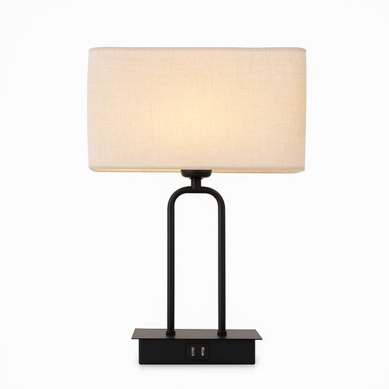 LIMITHES - Julia - Dimbare Industriële Tafellamp met USB en Touch - Nachtlamp - Zwart - Beige Linnen Kap