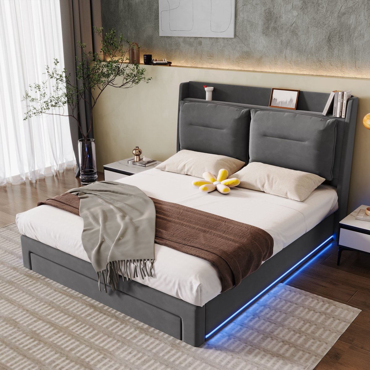 MODFU Gestoffeerd LED-bed 140×190 met hydraulische opbergruimte, 2-in-1 voetlade en verstelbare LED