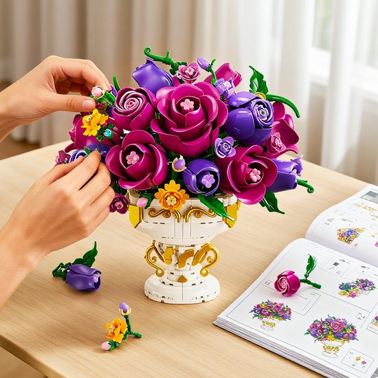 PLAXSOON Paarse Rozen Bouwpakket - 969 Delen Bloemen Boeket met Vaas - 18 Rozen Bonsai Plant Bouwsets - Huisdecoratie Spleegoed voor Kinderen Volwassenen