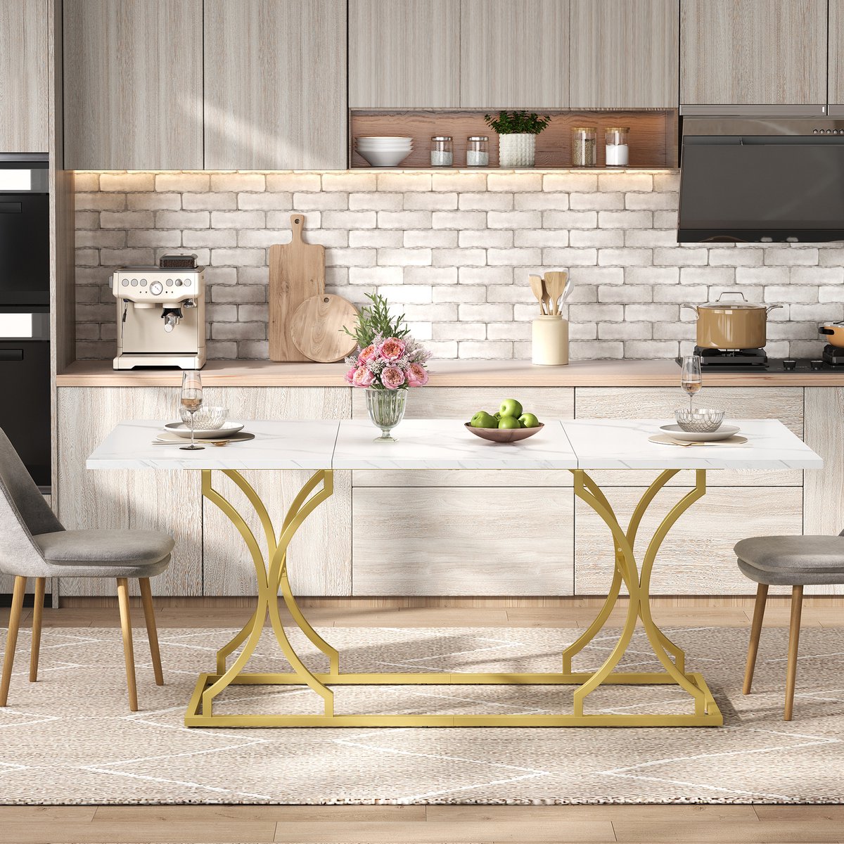MODFU Eettafel 200×80×76 cm Marmerlook – 2,5 cm MDF blad, wit-goud metalen poten, 8–10 per