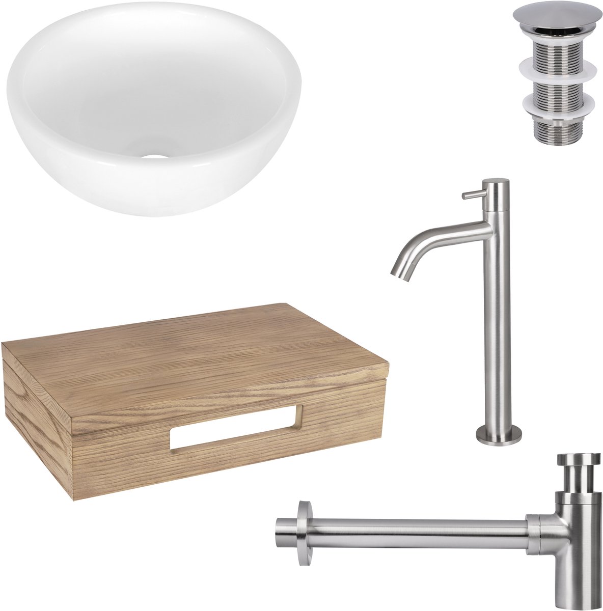Differnz Ruz fonteinset - waskom keramiek wit - koudwaterkraan hoog mat chroom - inclusief wastafelplank licht eiken