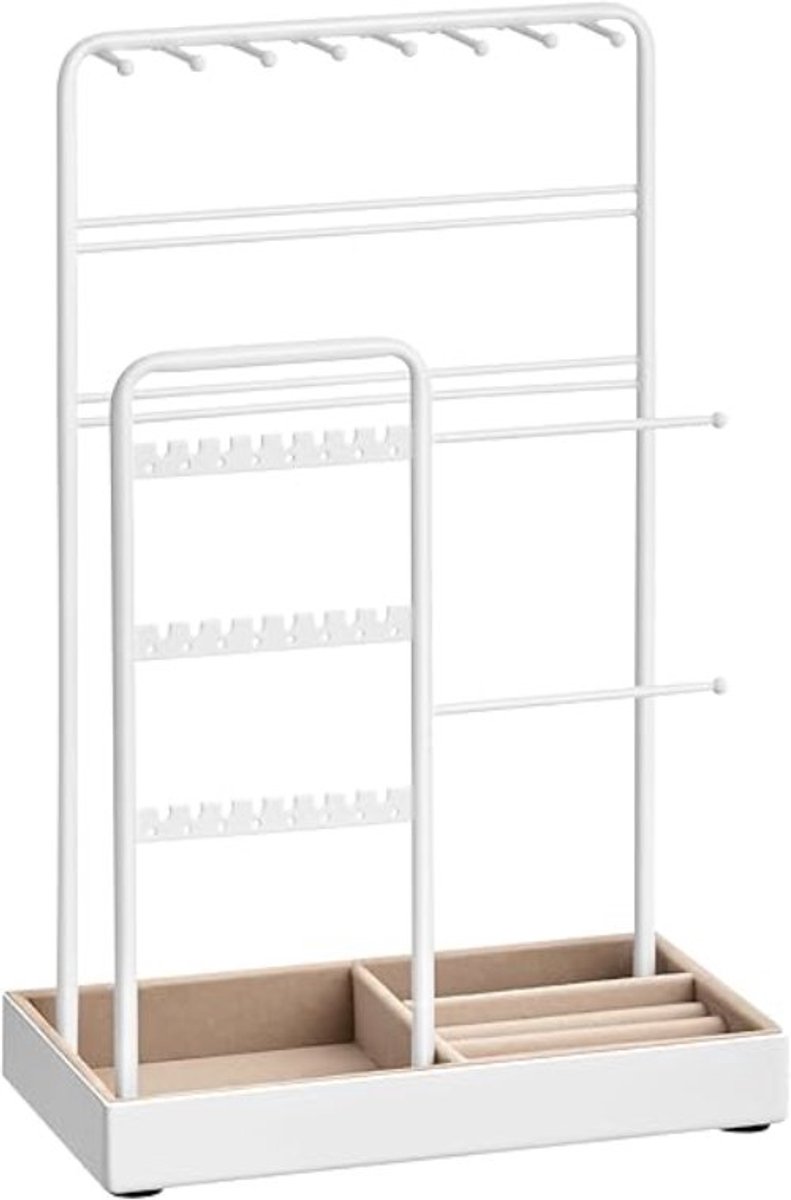 Famanu – Sieradenstandaard met oorbelrek en kettinghouder, houten ringlade en metalen frame, hoge capaciteit