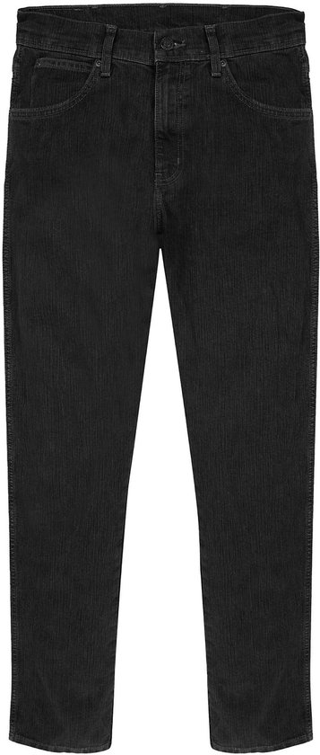 Zwarte corduroy herenbroek met verticale ribbels, op witte achtergrond.