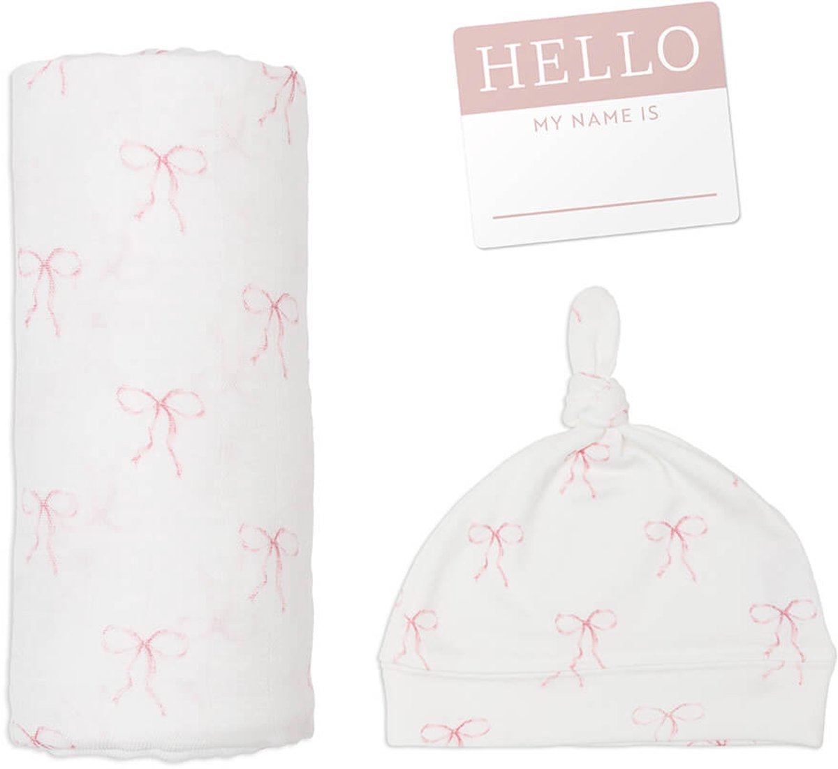 Lulujo Hello World - Swaddle & Mutsje - Bows, Kraamcadeaus, Babydekens, hydrofiele doeken, babycadeau, comfortabel, tetradoeken, zwangerschapscadeau,