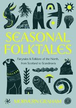 Boekomslag met de titel 'SEASONAL FOLKTALES' in gele letters, met illustraties van Noorse mythologische figuren, dieren en natuurlijke elementen in donkerblauw en geel.