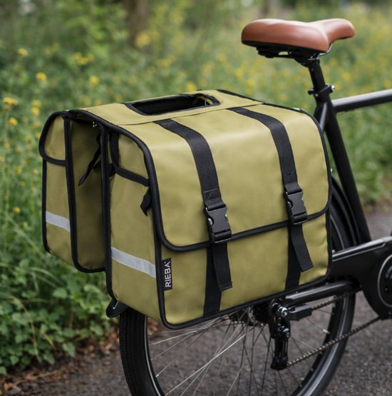 Rieba® Dubbele Fietstas - 42 liter - Reflectoren - Olijfgroen - Waterdicht - Tarpaulin - Ruim - Elektrische Fiets - Stadsfiets - Universele Bevestiging van Rieba — afbeelding 3