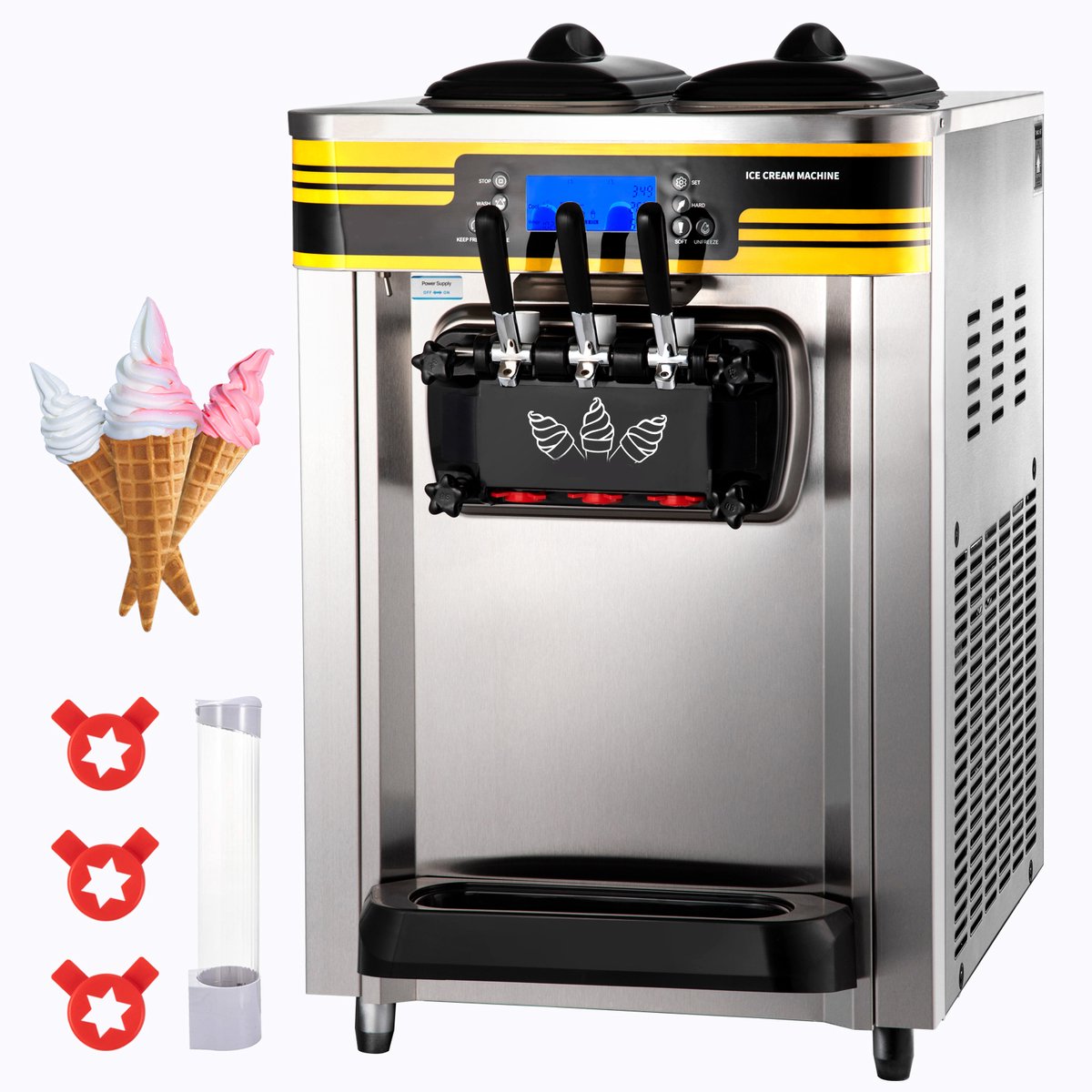 Commerciële softijsmachine voor ijsbereiding, 2350W, 22-30L/H, 3 smaken