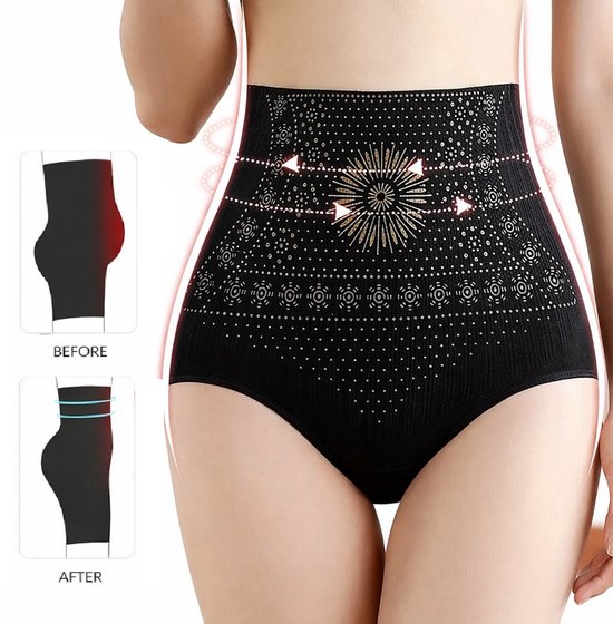 Zwart corrigerend slipje met hoge taille en decoratief patroon. Links 'Voor' en 'Na' illustraties.
