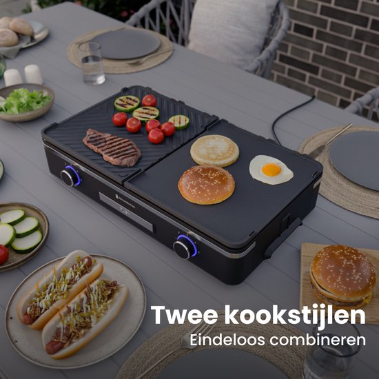 KitchenBrothers Elektrische Grillplaat - Bakplaat met Temperatuurregeling - Plancha - Gourmet - Tafelgrill - 2400W - 30,5x52 cm - Zwart — afbeelding 3