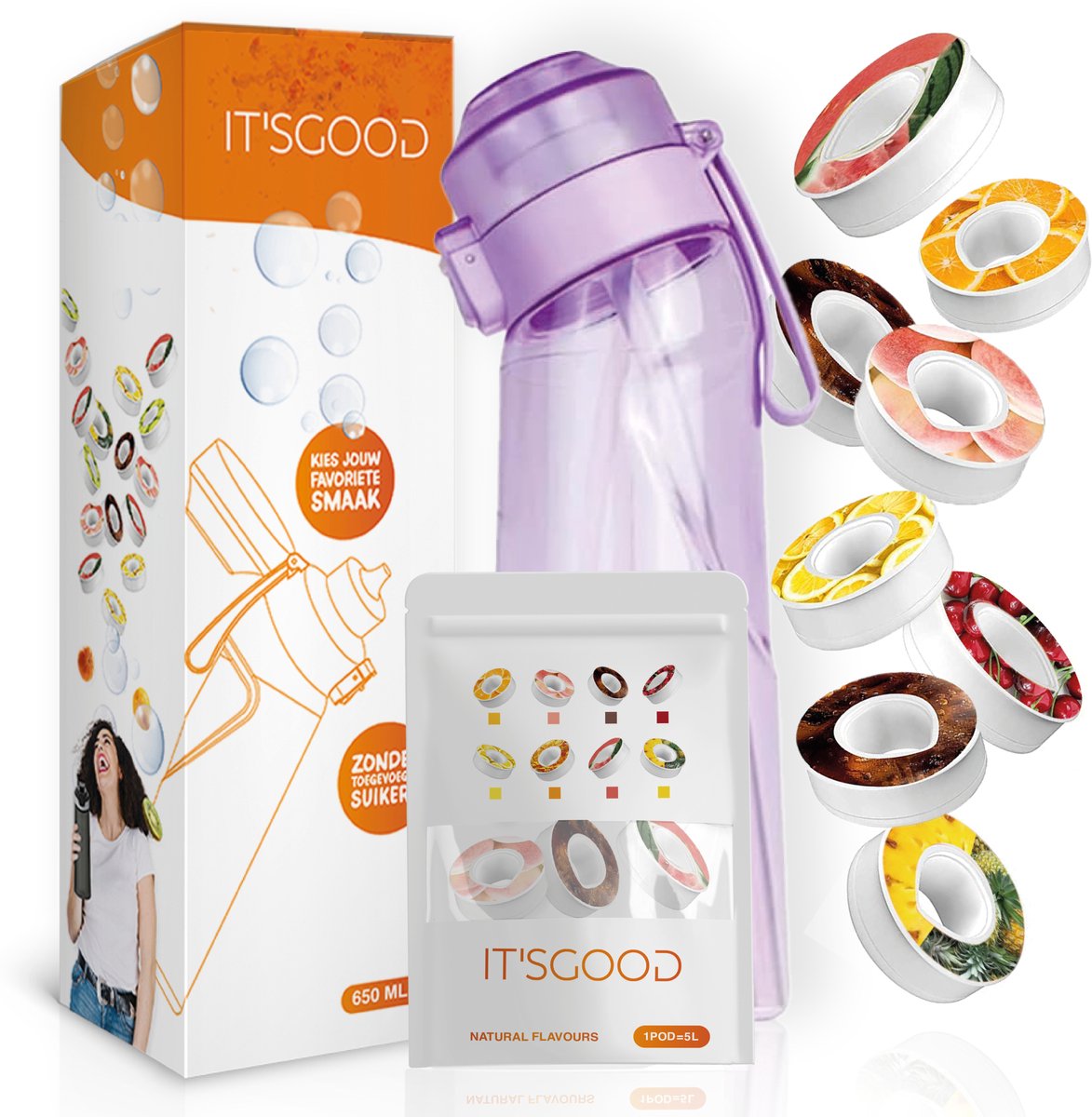 It'sgood - Geurwater Drinkfles - PAARS - Geur Waterfles - Fruit Flavors – Drink Up & Breathe the Air of Taste - Geurwater Drinkfles - Inclusief 8 Pods - 650 ml - Tritan - BPA-vrij - Starterskit - Start Up Set - Starterset - Aromacapsules 0 suiker