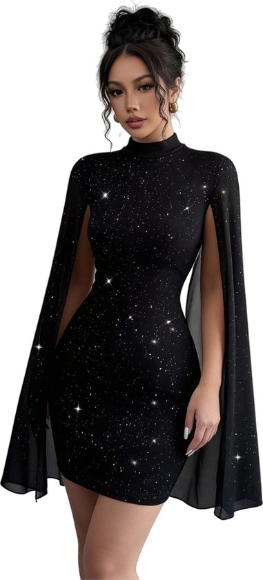 Robe Glitter Zwart - Manches Cape - Courte - Femmes - Fête - Dress
