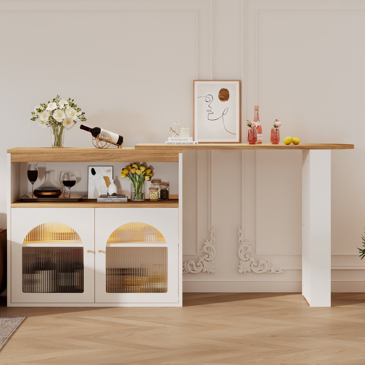OKWISH Bartafel - Uittrekbare Bartafel Met Draaifunctie - 138-193x39x105 cm - 3 Vaks Opbergruimte - Met Instelbare LED-Lichtlijst - Spaanplaat Wit