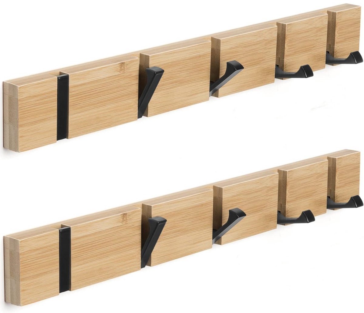 GELLDG Houten kapstok met haken geschikt voor aan de muur - 2-delige set - Houten kapstok - Opklapbare haken - Met 5 haken - Geschikt voor het ophangen van jassen, hoeden en handtassen - 50 cm