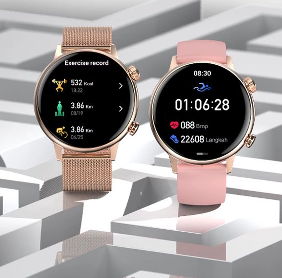 Smartwatch voor Dames 1.19inch AMOLED - Hartslagmeter - Stappenteller - Slaapmonitor - Multisport - Compatibel met Android en iOS - Waterproof - ZWART - SILICONE BAND -