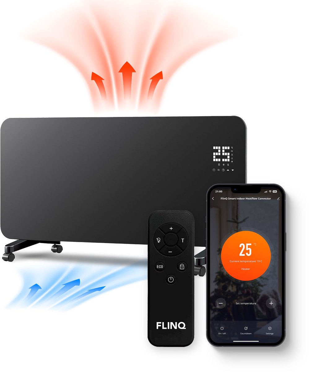 FlinQ Smart Convectorkachel HeatFlow - Elektrische Kachel met WiFi - Verwarming met Thermostaat - Geschikt voor de Badkamer - Ook als Wandkachel - Electrische Verwarmingspaneel met 2000W