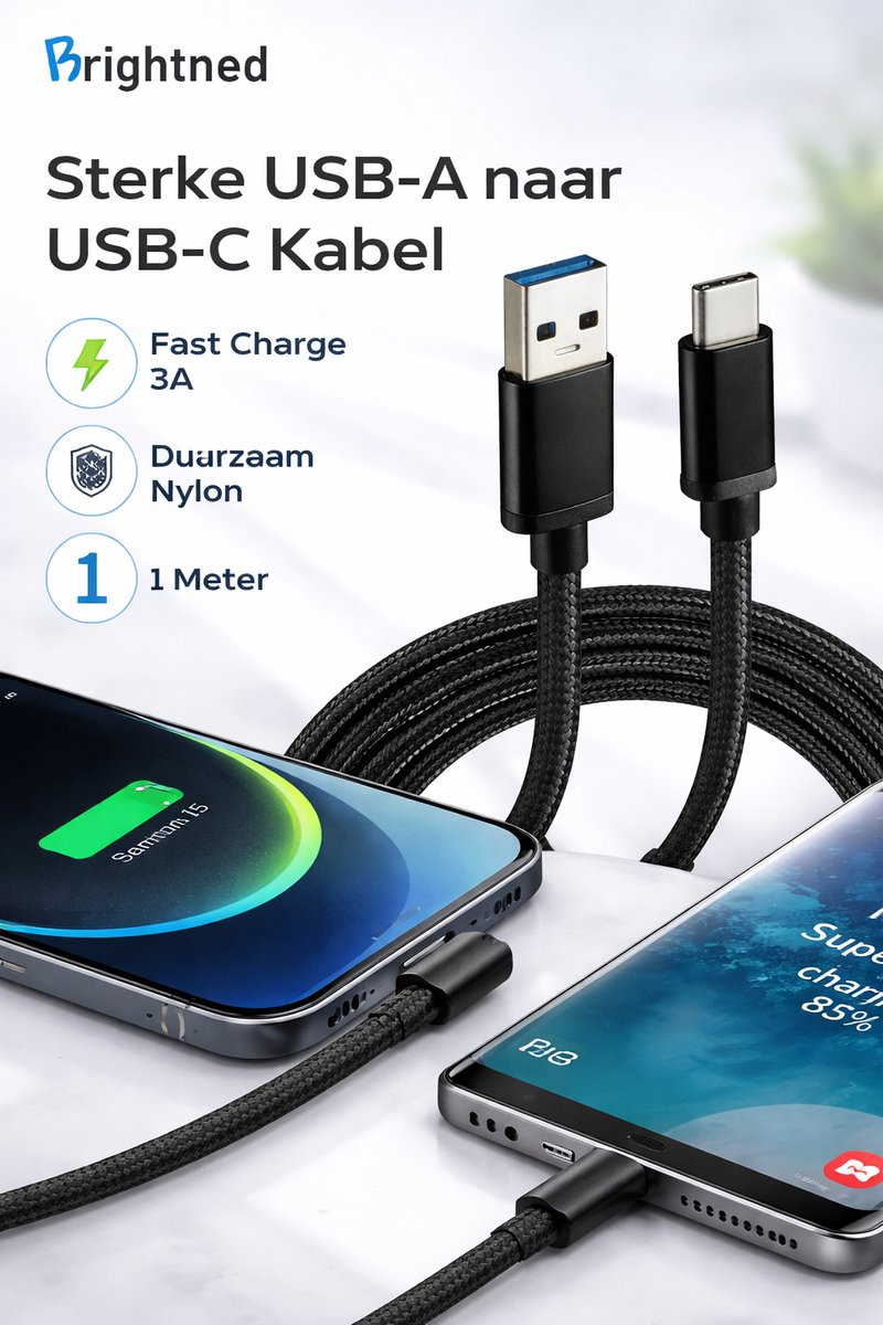 Brightned® USB-A naar USB-C kabel | 1 meter | Fast-Charge & Data | Duurzaam Nylon | Voor iPhone 15, Samsung & USB-C devices