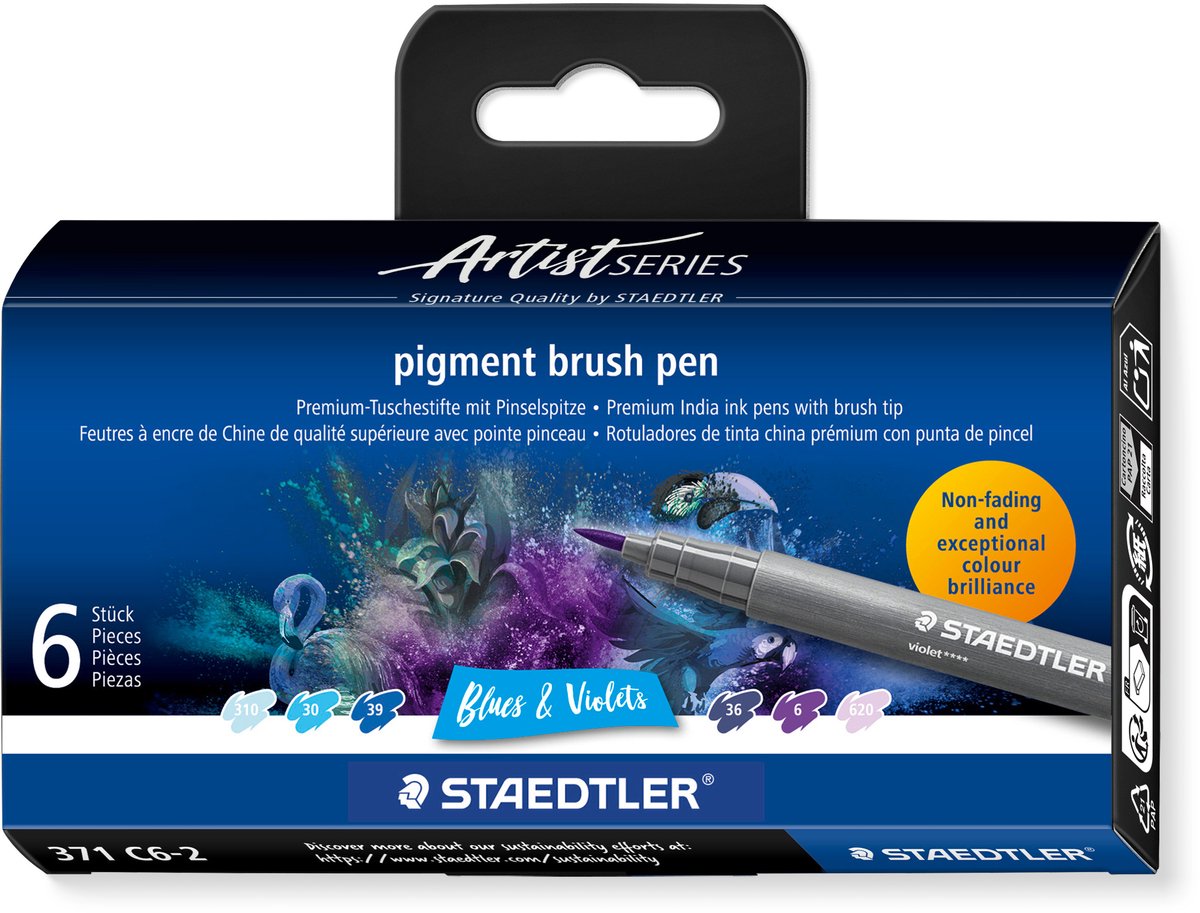 STAEDTLER - Artist Series - pigment brush pen set 6 kleuren blues & violets