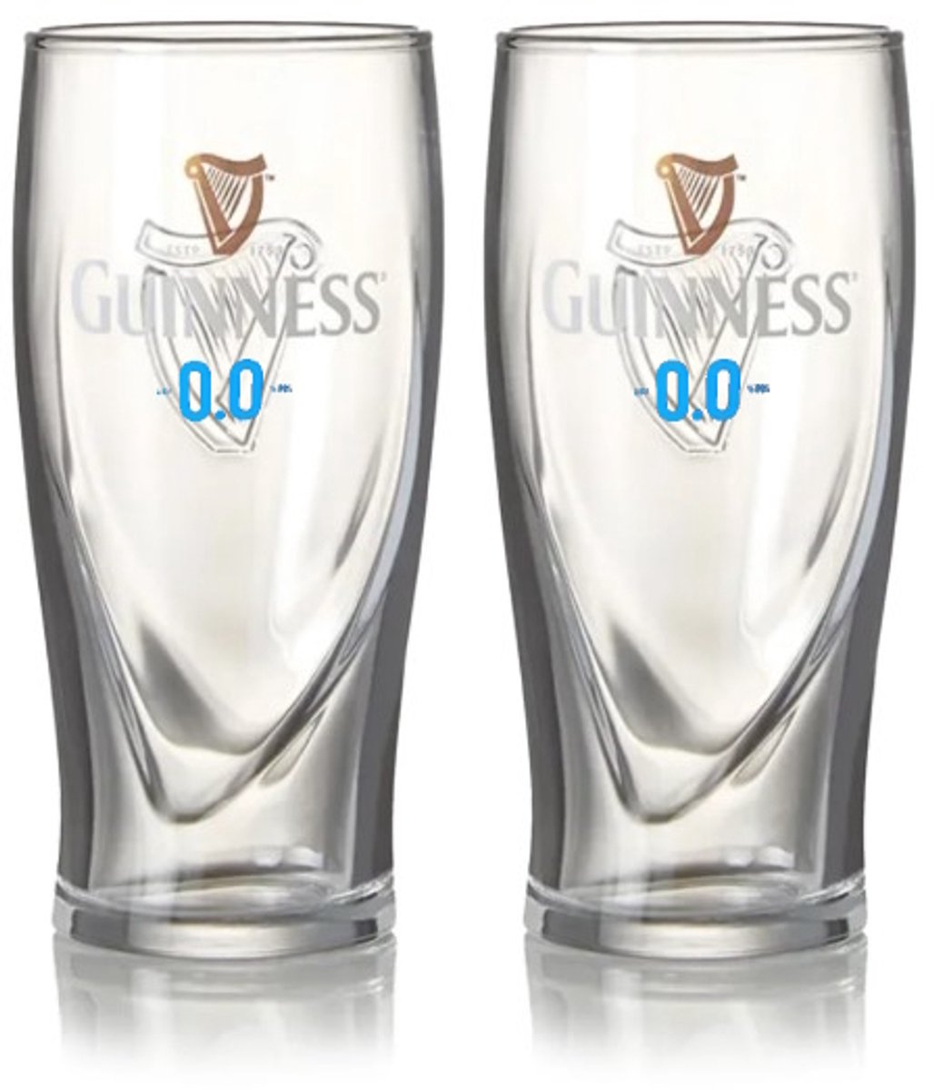 Guinness 1/2 Pint - 0.0 alcohol vrij - Harp design - 2 stuks - Let op: klein glas!