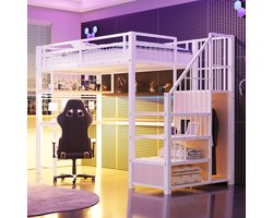 STILVORA Metalen Hoogslaper 90x200 cm – Met Bureau & LED – Opbergladder Met Kast – Voor Studentenkamer – Metaal – Wit – Zonder Matras