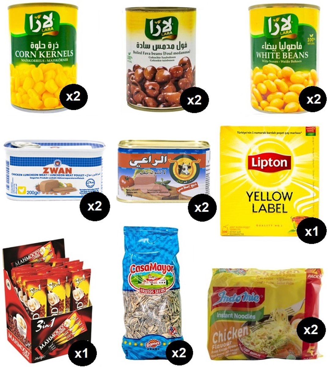 Conserven Mixpakket - Voeding Noodpakket - Voldoende voor 72u - 2 Persoons (maïs, vlees ingeblikt, bonen, noodles, koffie, thee)