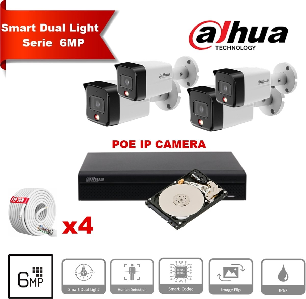 DAHUA Smart Dual Light Series 30m IP-camerakit: 4 x 6-megapixel 2,8 mm bulletcamera's + 8-kanaals PoE NVR + 2 TB (max. 8 camera's)