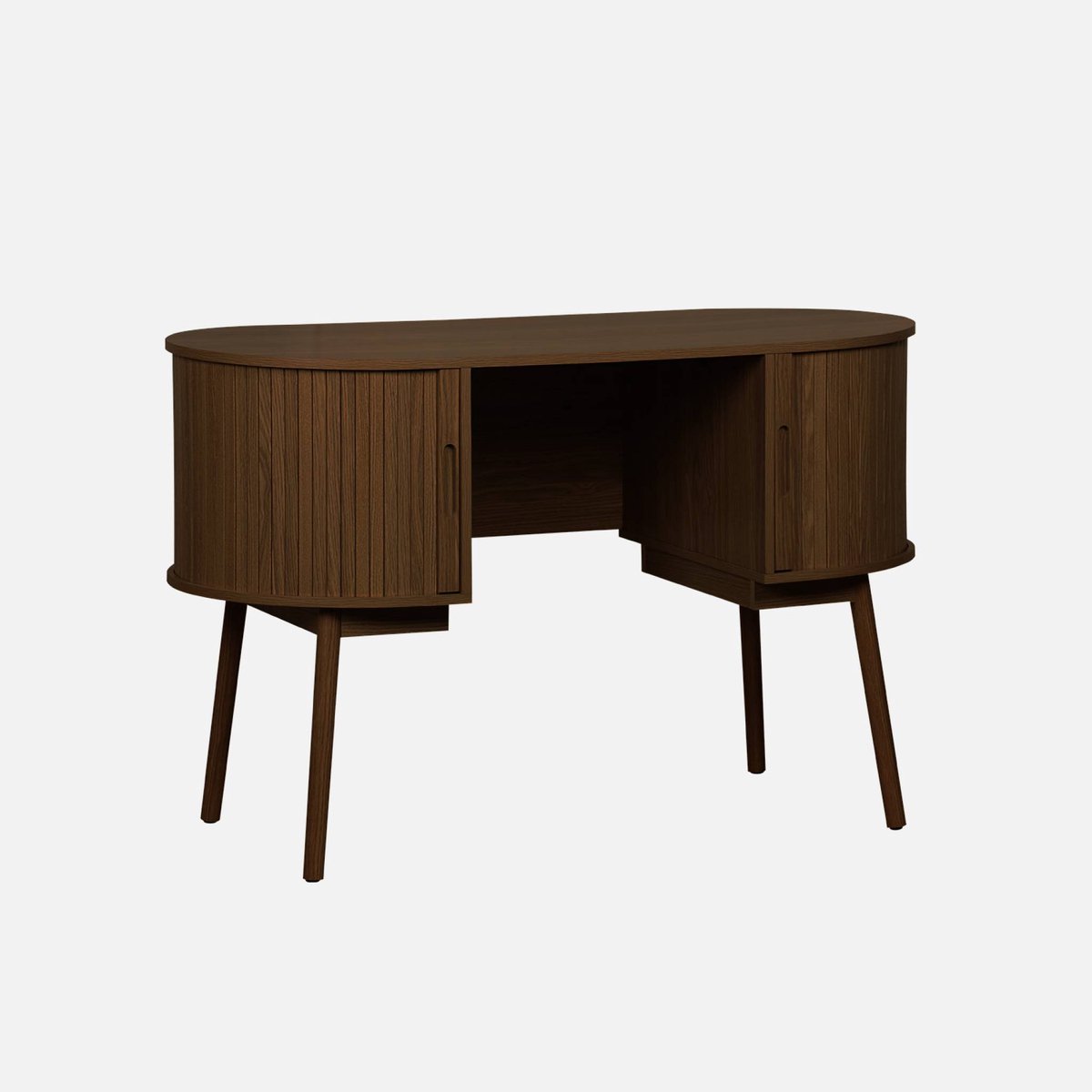 sweeek Ovaal bureau met gegroefd houteffect en twee opbergruimtes, l 120cm x b 55 x h 77 cm - legacy Walnoot