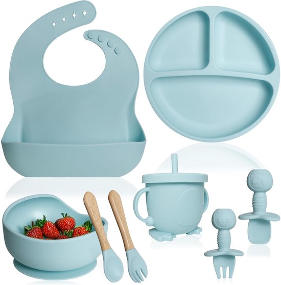 Kinyoda 10-delige babyspenen set - siliconen voedingsset met zuigkom, verstelbaar slabbetje, beker, voedselbord kit - ideaal voor babygeschenken (roze