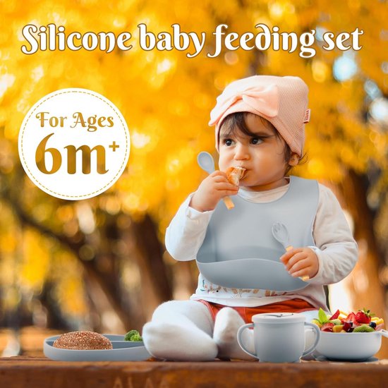 GOODEVN 8-Delig Baby Servies Set (Siliconen) - Bord met Zuignap + Drinkbeker + Slab + Bestek - Vaatwasser- & Ovenbestendig - BPA-Vrij - Hemelblauw van GOODEVN — afbeelding 2