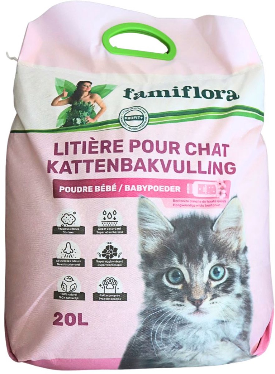 Famiflora kattenbakvulling babypoeder 20L - Super klonterend - Stofarm - Propere pootjes - Vormt supersnelle klonten zodat je kat en jij genieten van een propere bak zonder stress