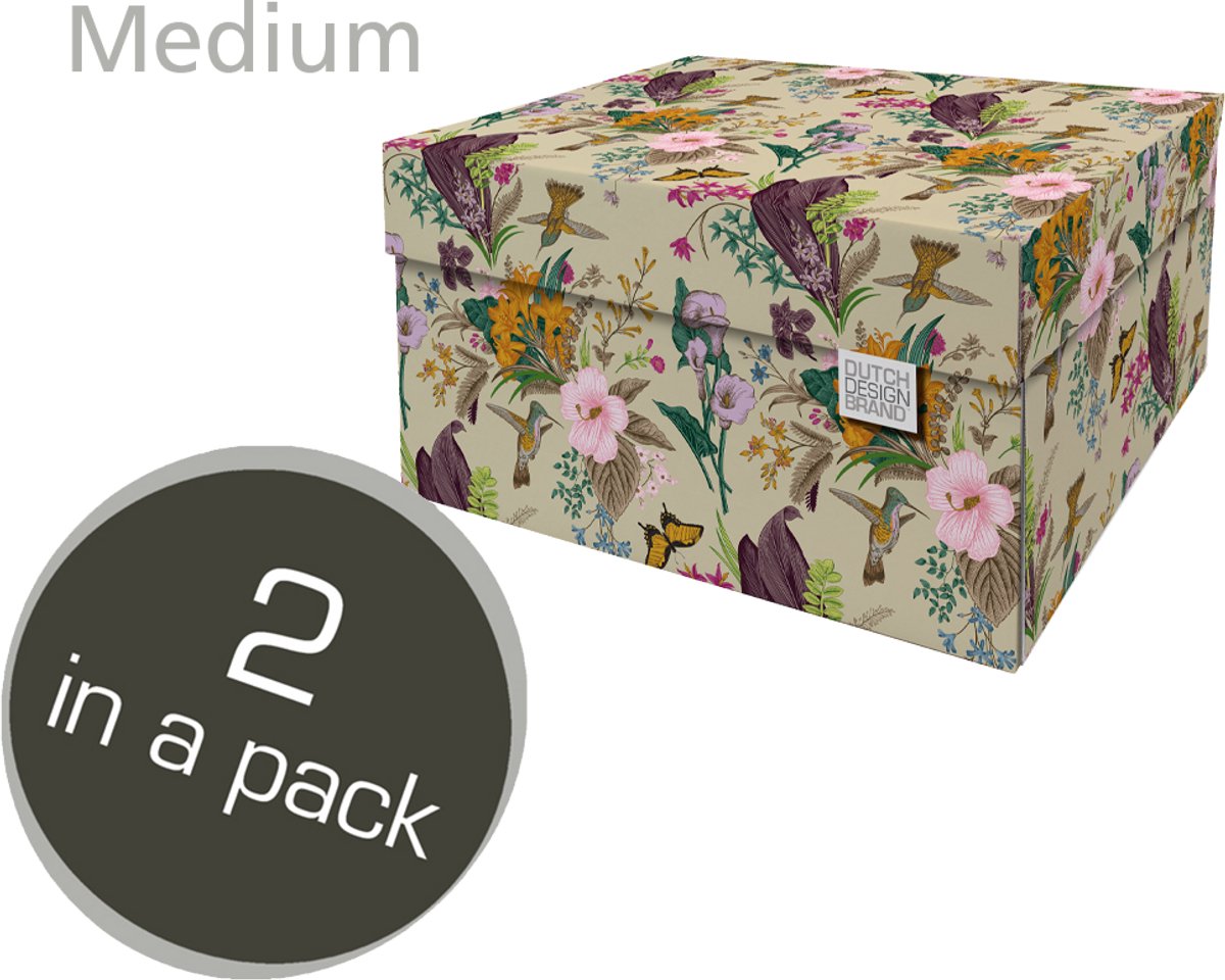 Dutch Design Brand - Dutch Design Storage Box Medium - Opbergdoos - Opbergbox - Bewaardoos - Bloemen, Kolibrie, Vlinders - Botanical
