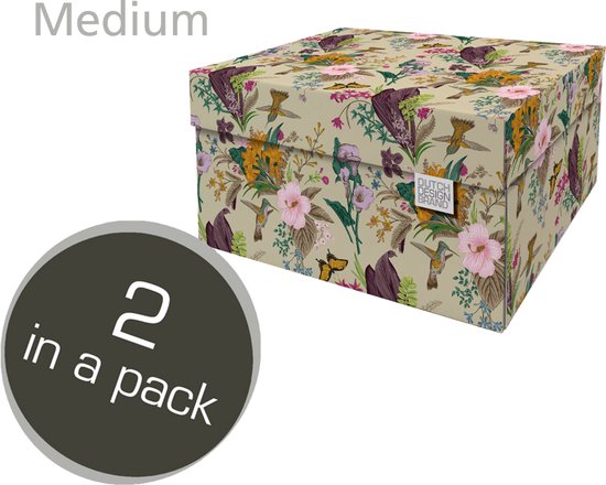 Dutch Design Brand - Dutch Design Storage Box Medium - Boîte de Opbergbox - Boîte de rangement - Boîte de rangement - Fleurs, Colibri, Papillons - Botanique