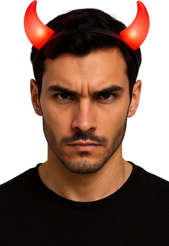 Een man met donker haar en een stoppelbaard draagt een zwarte t-shirt en een rode, lichtgevende duivelshoorn hoofdband.