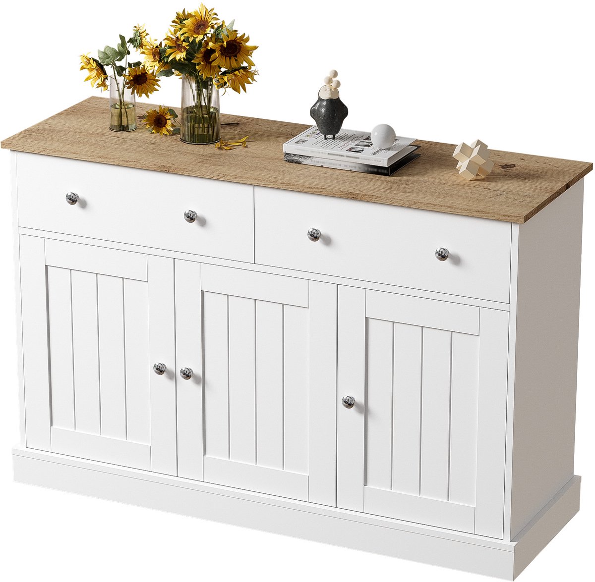 Clruro Dressoir - 120x36x80,5 cm - Dressoir Met Reliëf Deuren En Lades - Push To Open Ontwerp - Spaanplaat - Wit Houtkleur