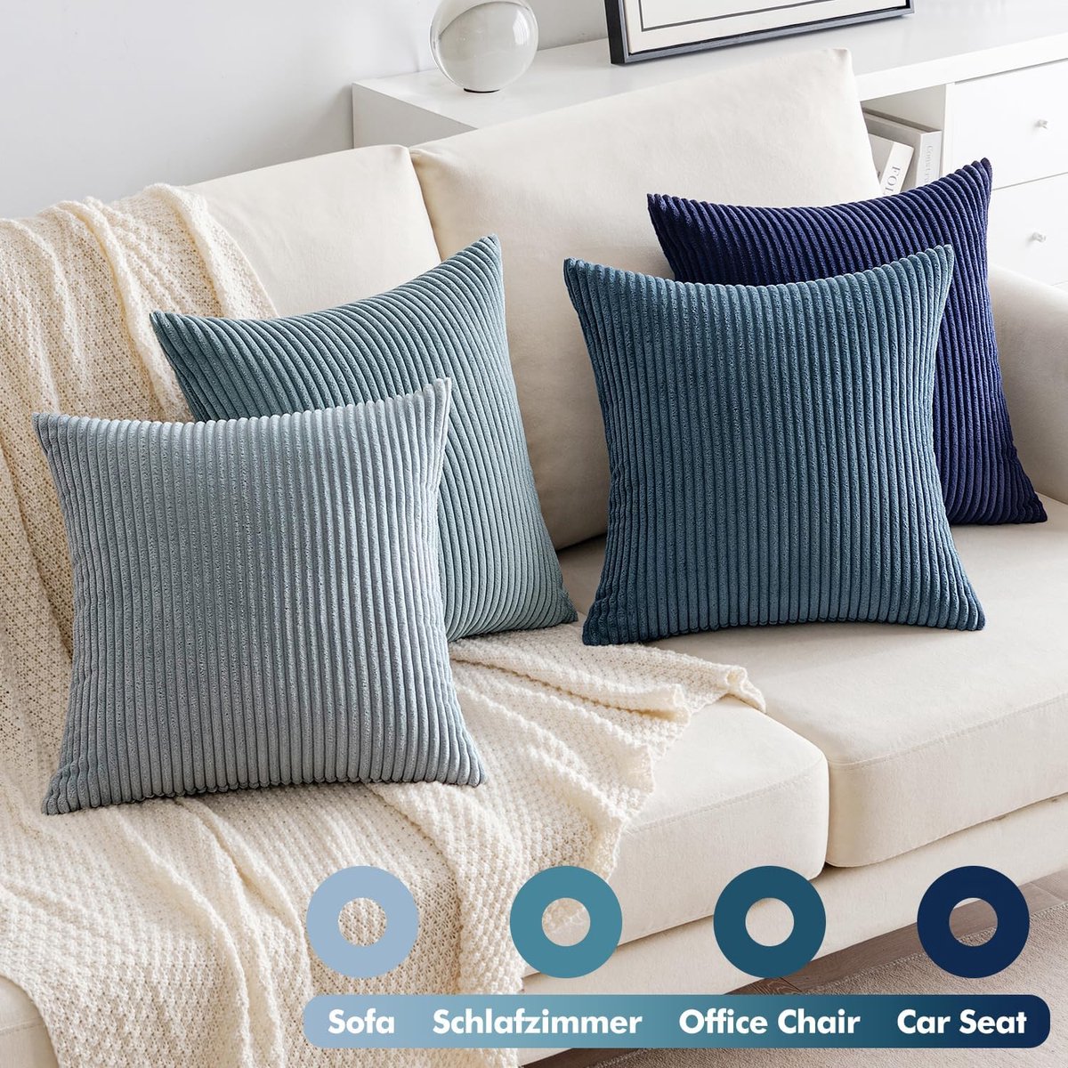 Famanu Corduroy ribfluweel kussenhoezen set van 4 (45x45 cm) – donkerblauw – decoratieve sierkussenhoezen – bank/bed Donkerblauwe