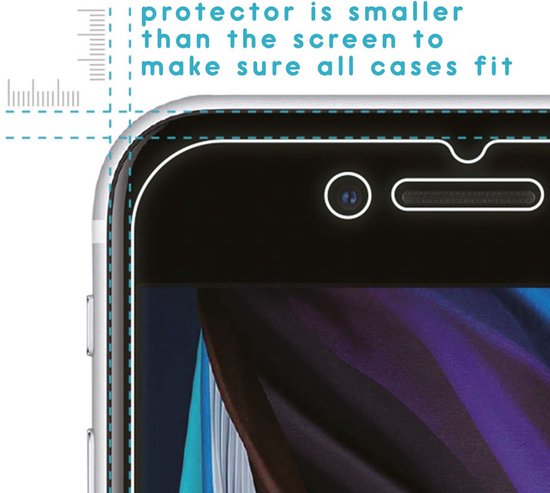 Gros plan du coin supérieur d'un smartphone avec protecteur d'écran. "le protecteur est plus petit que l'écran pour s'assurer que toutes les coques s'adaptent".