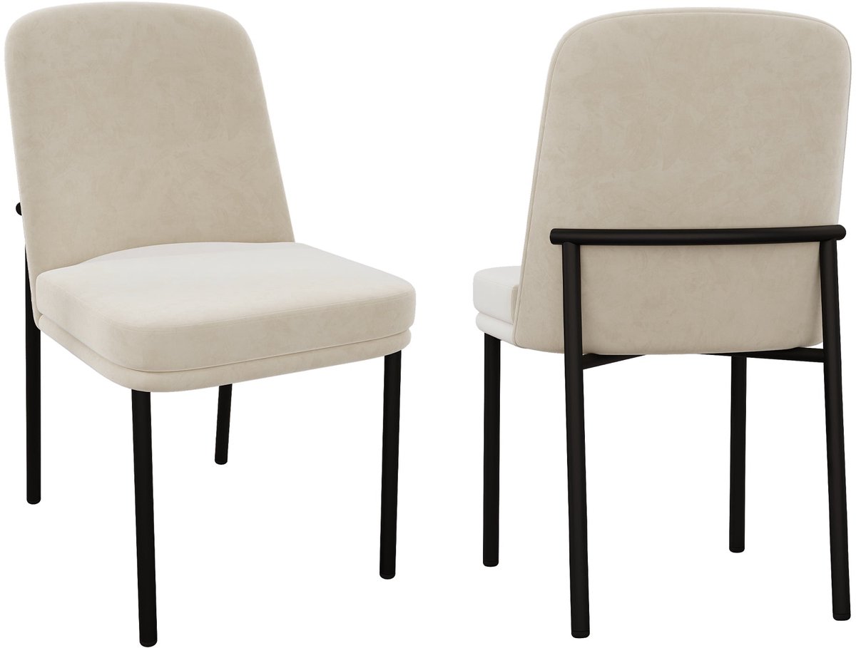 Merax Set van 2 Eetkamerstoelen – Beige Velvet Stoelen – Dikke Zitting – Zwarte Metalen Poten – Moderne Minimalistische Stoelen voor Eetkamer Woonkamer en Café