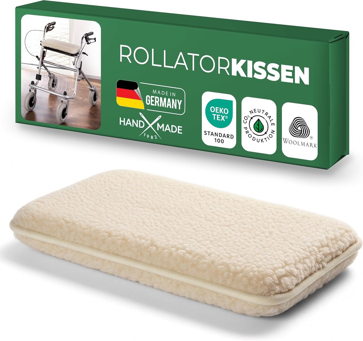 Novaliv rollator zitkussen, natuurlijke scheerwol, 3 cm dikke vulling, 40 x 20 cm, antislip 2-bands bevestiging, lichtgewicht, vormvast, geschikt voor senioren/dagelijks gebruik, handgemaakt in Duitsland antraciet/zwart